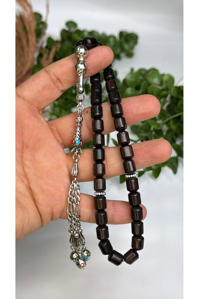 vevasilver Original Ebony Wood Capsule Cut, 33 Beads, Tassel, Master Craftsmanship, Rhodium Plating.