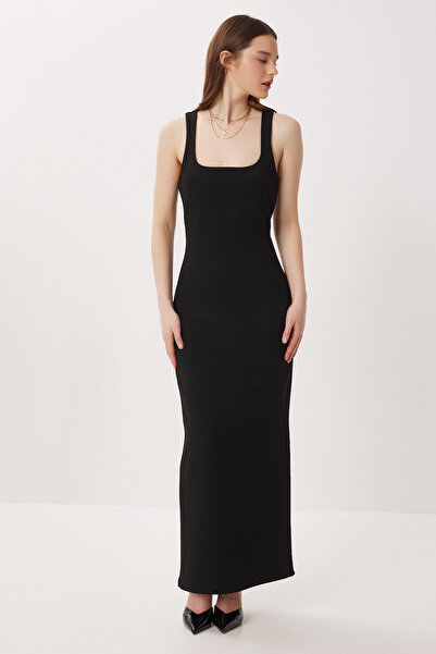 Lovelyİstanbul Kalın Askılı Yırtmaçlı Örme Elbise LMC0092 SİYAH