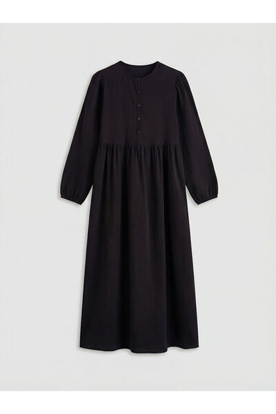 LC Waikiki Black Crew Neck Gathered Muslin Dress