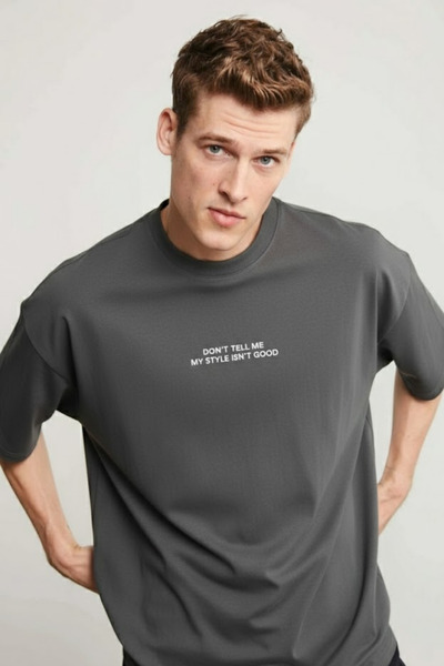 COMBİNE MİCHAİL Men's Text Printed Short Sleeve Smoked T-Shirt