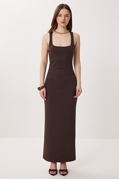 Lovelyİstanbul Thick Strap Slit Knitted Dress Lmc0092 Brown
