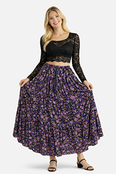 Butik Ayseba تنورة نسائية من قماش الفانيلا بنقشة الزهور