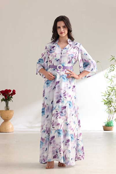 Verona Long floral dress in pastel colors with an elegant purple Belt