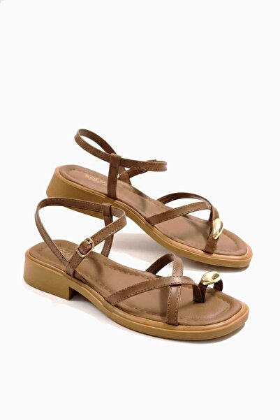 Moda Kadıköy Women's Tan Ring Toe Eva Soft Sole Stitched Buckle Sandals