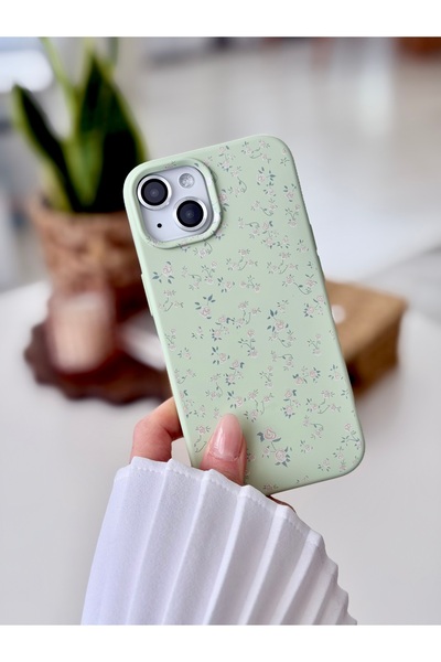 Go Aksesuar Iphone 15 - 14 - 13 Uyumlu Yeşil Mİni Çiçek Baskı Desenli Darbe Ö...