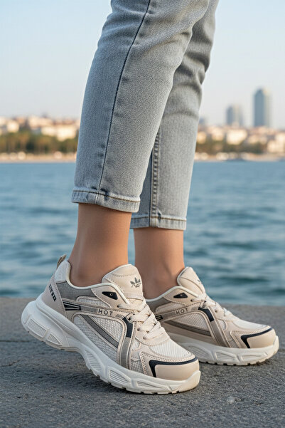 LUXEON Women's Beige Lace-Up Orthopedic Mesh High-Sole Sneaker Daily Lightwei...