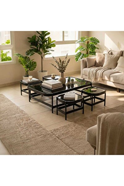 concent 5-piece serving table set with glass top on a black iron base