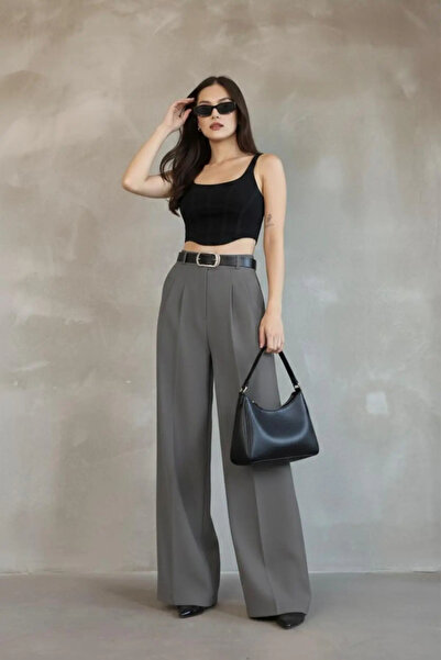 Modayıldızlar Mr Women's Gray Palazzo Pleated Trousers Imported Doubleface Fa...