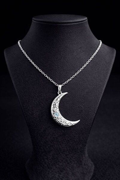 LuneraDesign Çelik Parlak Zirkon Taşlı Hilal Ay Kolye – Gümüş Renk Zincirli