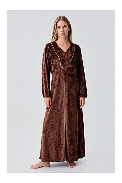 LC Waikiki Brown Long Sleeve Stretchy Velvet Viscose Dress 21117