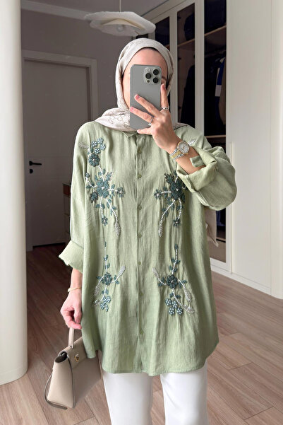 Ka Hijab Cămașă cu broderie Liva - Verde