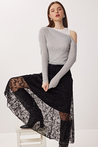 Lovelyİstanbul Fusta din tul cu șnur și model catifea LNT0023 NEGRU