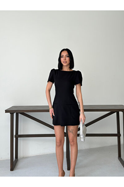 MODAMERSİ Women's Black Short Sleeve Dress with Pocket Detail
