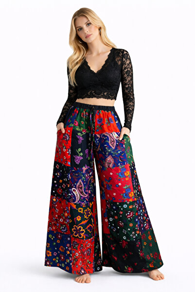 Butik Ayseba Women's Forty Patch Flannel Divitin Fabric Wide Leg Pants
