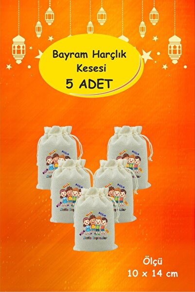 Yaprak Hediyelik Bayram Harçlık Kesesi 5'li– Baskılı Ham Bez Bayram Kesesi, Ç...