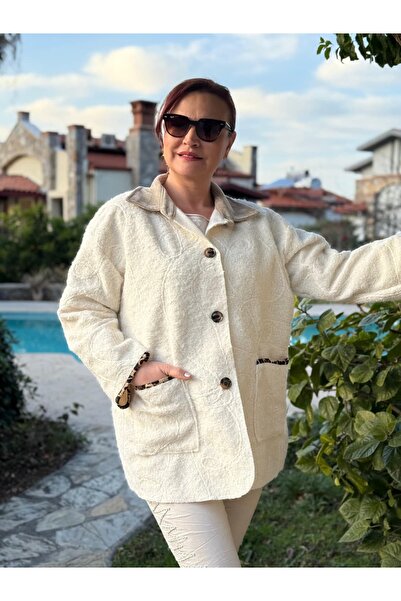 Punta Otantik Ms2745 Velvet Collar Buttoned Felt Jacket Cream