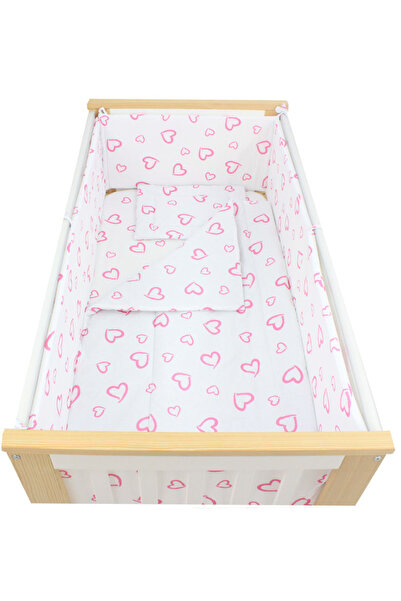 PRICHINDEL Bedding Set for Crib 120x60cm, 5 Pieces, Cotton, Large Pink Hearts