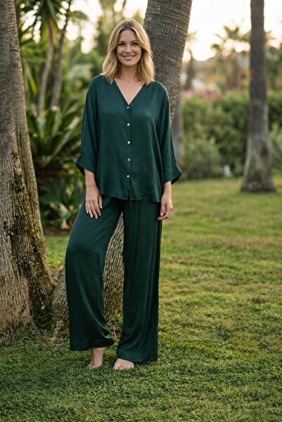 Punta Otantik Pt91540 V-Neck Buttoned Italian Satin Suit Green