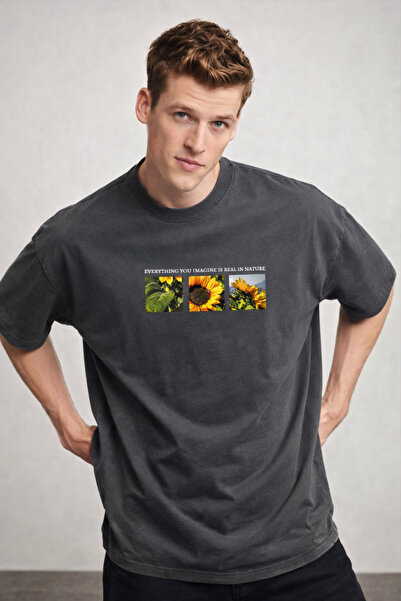 COMBİNE MİCHAİL Men's Floral Printed Oversize Smoked T-Shirt