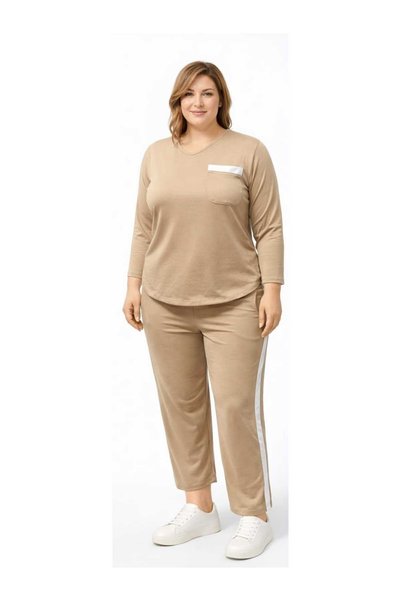 BİrHoşButik Plus Size Sweat Suit Full Lycra Ribbed Trendy Seasonal Elastic Waist Long Sleeves V-Neck Comfortable Suit
