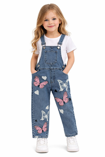 Bilge Trend Girl's 3/7 Years Butterfly Printed Jeans Denim Salopet Jumpsuit