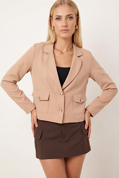 armonika Women's Beige Men's Collared Square Pocket Crop Jacket Arm-26K001026