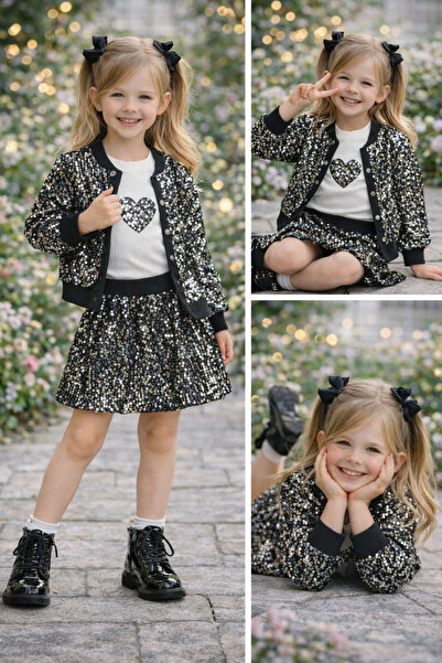 kahkaha kids Kız Çocuk Payetli 3’lü Takım – Siyah Ceket Şort Etek Kalp Detayl...