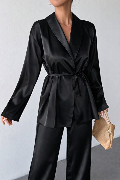 mass fashion Kadın Siyah Saten Oversize Ceket ve Bol Paça Pantolon Takım