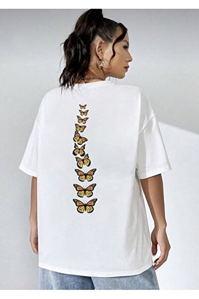 LiyAdaCo Tricou alb oversize cu imprimeu fluturi pe spate pentru femei