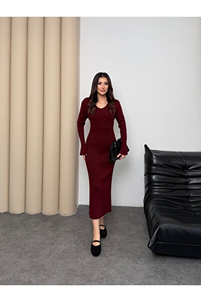 MiraMore Butik Fitilli Triko Uzun Elbise V Yaka Kadın Elbise