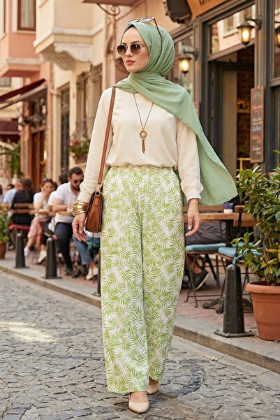 adamila Kadın Viskon Kumaş Desenli Beli Lastikli Geniş Paça Günlük Tesettür P...