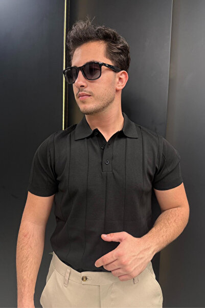 sunfyre Men's Short Sleeve Polo Collar Stripe Pattern Button Detailed Knitwea...