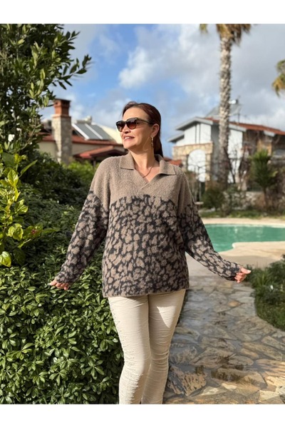 Punta Otantik D12933 Polo Collar Leopard Pattern Sweater Mink