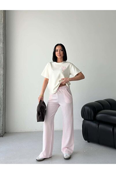 Tarzımızbir Heart Embroidered Oversized T-Shirt and Ribbed Wide-Leg Pants Set
