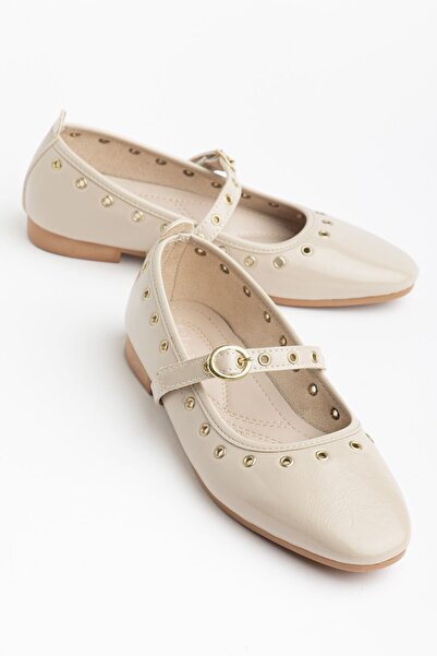 Hayalimdeki Ayakkabı Balerini de damă din piele lacuită bej cu detalii aurii