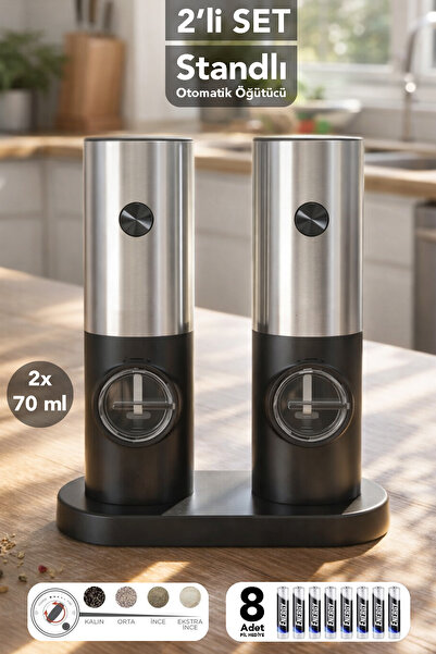 mimtec 2'li Set - Standlı Otomatik Baharat Öğütücü Işıklı Pilli Tuz Karabiber...