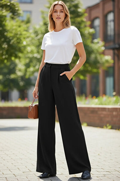 Modayıldızlar Mr Women's Buttoned Loose Pleated Palazzo Latina Flowy Pants Black