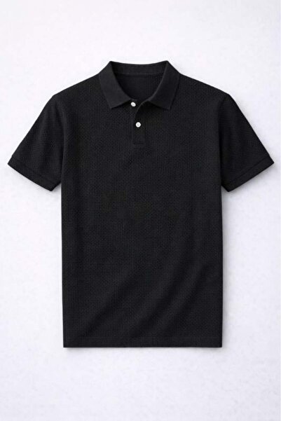 Valiberta Мъжка тениска с релефен десен, поло яка и копчета - черна