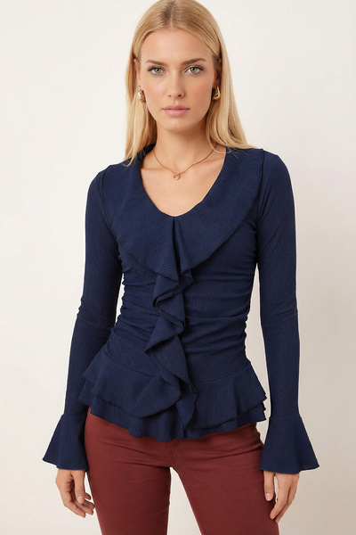 armonika Bluză de damă, albastru marin, cu guler cu volane, mâneci cu volane ...