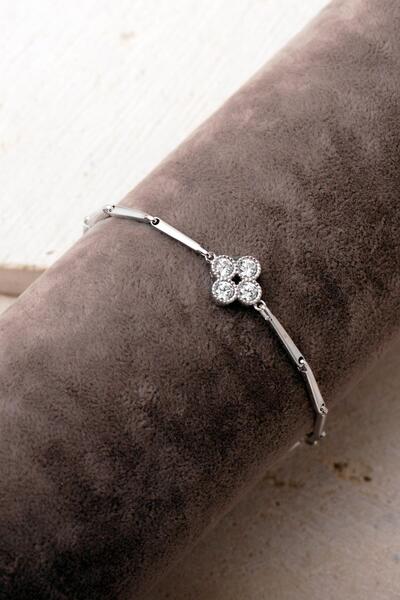 Sümer Telkari Rodyumlu 925 Ayar Gümüş Taşlı Yonca Bileklik 4917