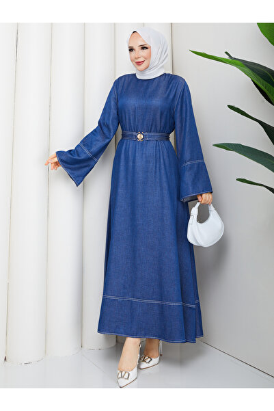 RACE FASHİON Belt Detailed Denim Jeans Hijab Dress Rc6036