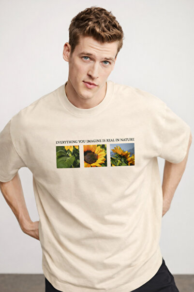 COMBİNE MİCHAİL Men's Floral Printed Oversize Cream T-Shirt