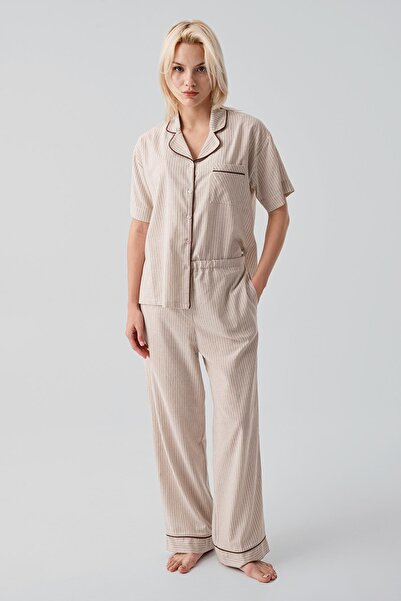 Artış Short Sleeve Buttoned Striped Woven 100% Cotton Pajama Set