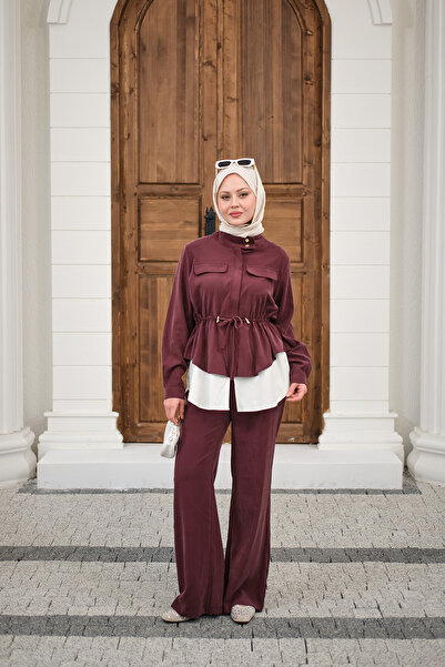 LOCCO Kadın Çift Cep Detaylı Gizli Düğmeli Parçalı Takım Mürdüm