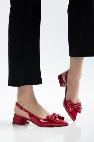 shop Women's Patent Leather Large Bow Open Back Pointed Toe Square Heel Shoes