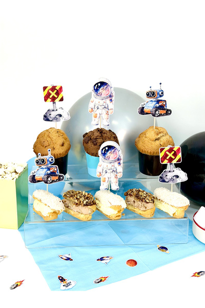 Flu Party زينة الكب كيك بتصميم الفضاء - زينة المافن بتصميم مفهوم مهمة الفضاء