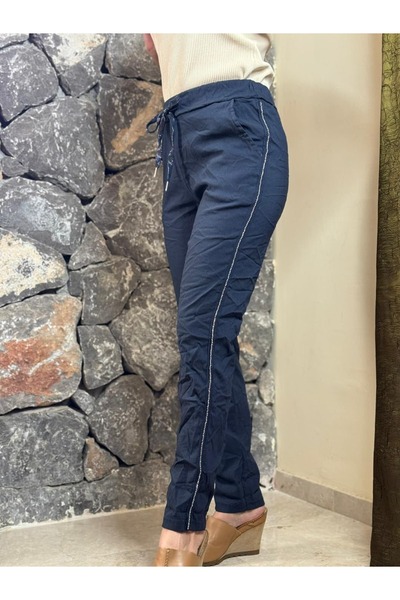 Punta Otantik Yg8162 Italian Stoned Cotton Trousers Navy Blue