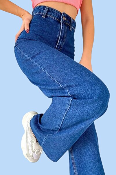 Livik Pantaloni din denim elastic Lycra cu picior larg, albastru închis, pent...