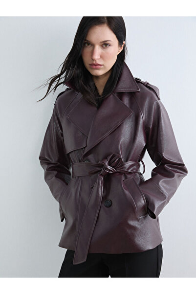 LC Waikiki GiyÇık Store Trench coat de damă aspect de piele roșu claret decol...