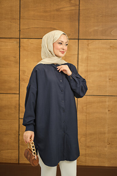 LOCCO Women's Hakim Collar Basic Shirt Navy Blue